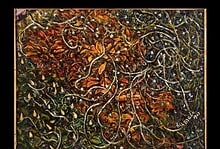 Oil on canvas painting depicting tangled vines and autumn leaves, created by artist Rumale Chennabasaviah.