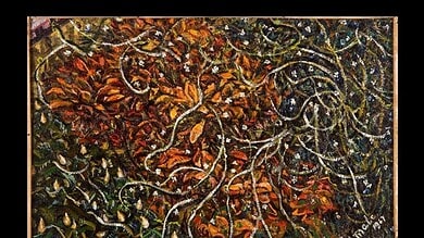 Oil on canvas painting depicting tangled vines and autumn leaves, created by artist Rumale Chennabasaviah.