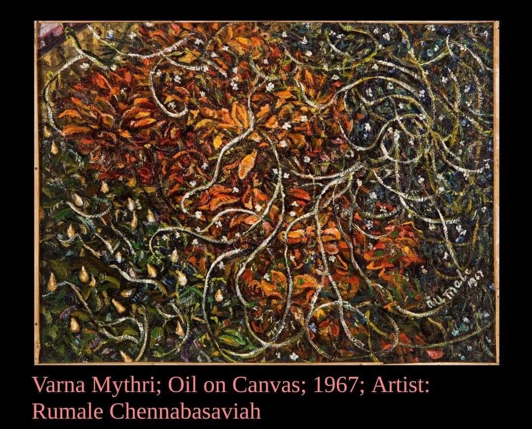 Oil on canvas painting depicting tangled vines and autumn leaves, created by artist Rumale Chennabasaviah.