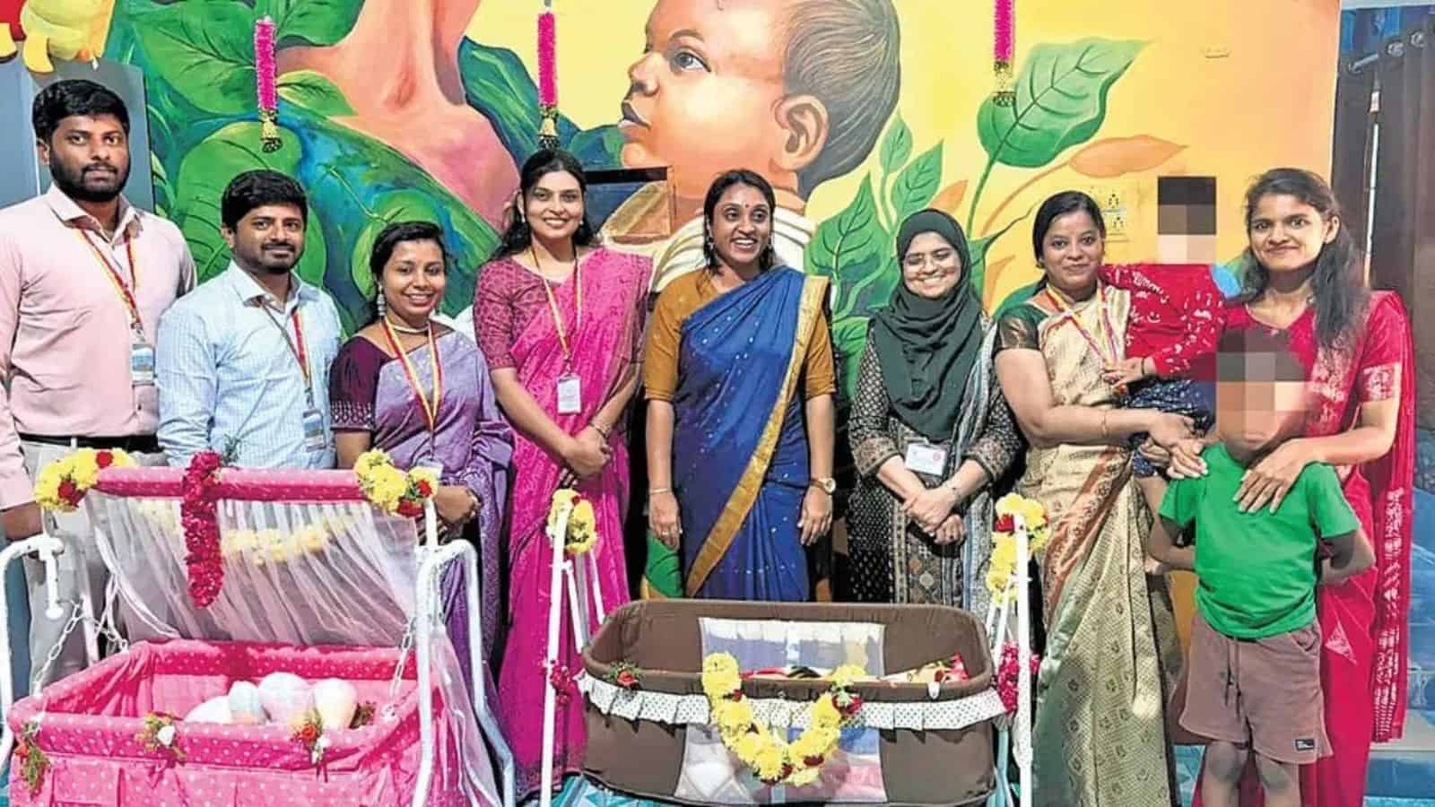 Children and staff at Karnataka's first childcare centre for inmates' children, celebrating a significant.