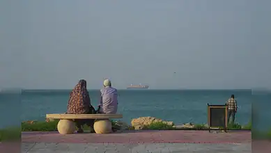 Two people sitting on a bench by the sea, with a ship in the distance, illustrating US military activity.