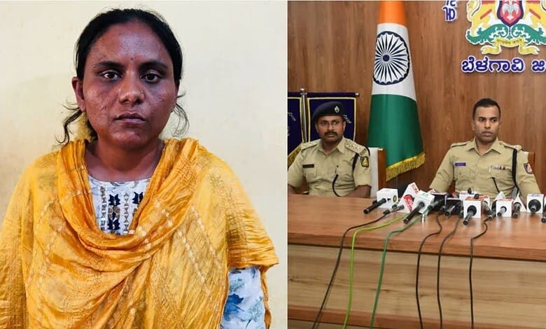 Woman in yellow traditional attire speaking at press conference with police officials.