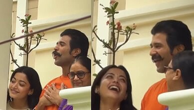 Rashmika Mandanna and Vijay greet fans outside Hyderabad home on actor’s birthday celebration.