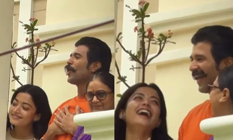 Rashmika Mandanna and Vijay greet fans outside Hyderabad home on actor’s birthday celebration.