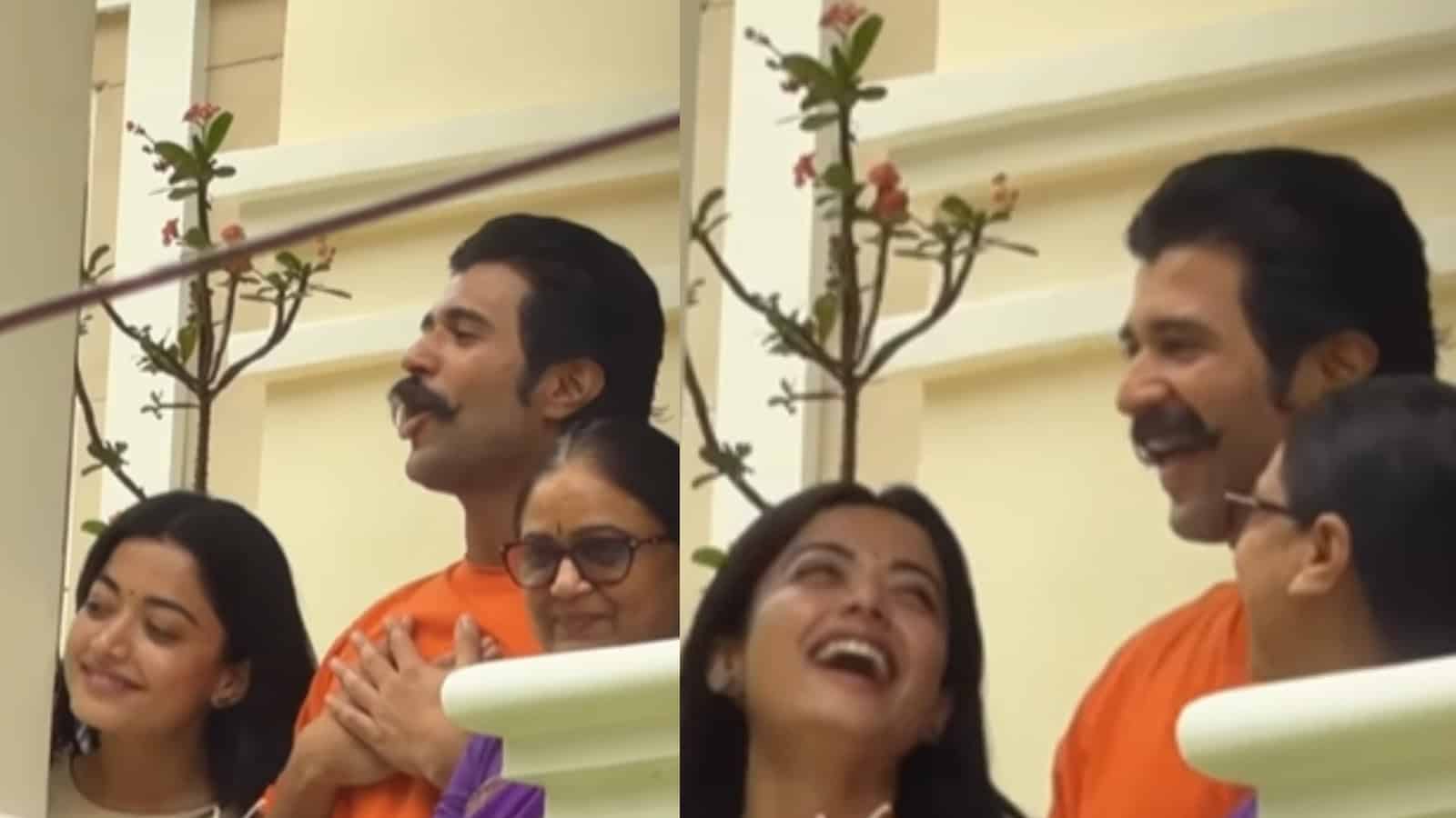 Rashmika Mandanna and Vijay greet fans outside Hyderabad home on actor’s birthday celebration.