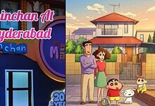 Bright animated family scene outside a modern house in Hyderabad during sunset, featuring parents, childr.