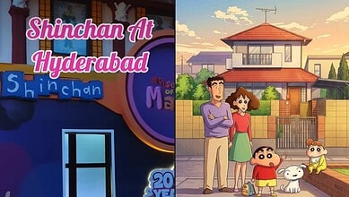 Bright animated family scene outside a modern house in Hyderabad during sunset, featuring parents, childr.