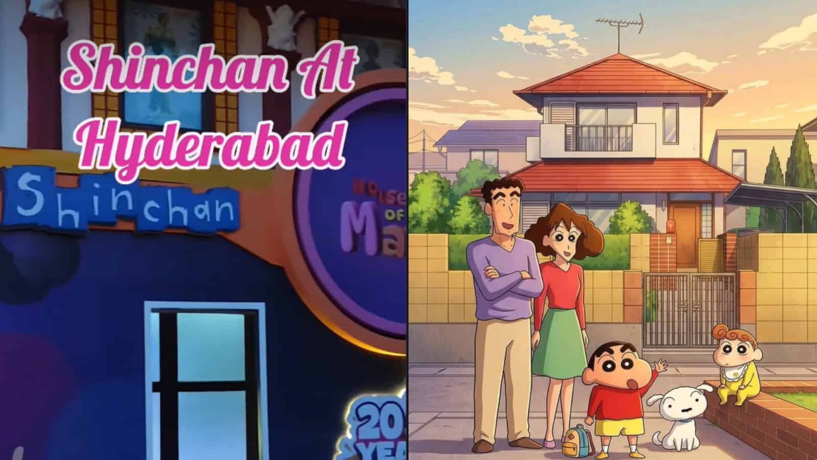 Bright animated family scene outside a modern house in Hyderabad during sunset, featuring parents, childr.