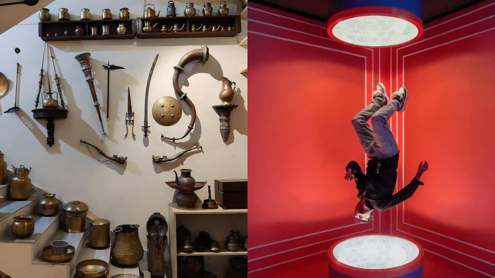 Ancient weapons and artifacts displayed on a museum wall, with a person performing a handstand in a moder.