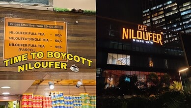 Enjoying evening at Niloufer Cafe, a popular spot since 1978, with a vibrant sign and menu board promotin.