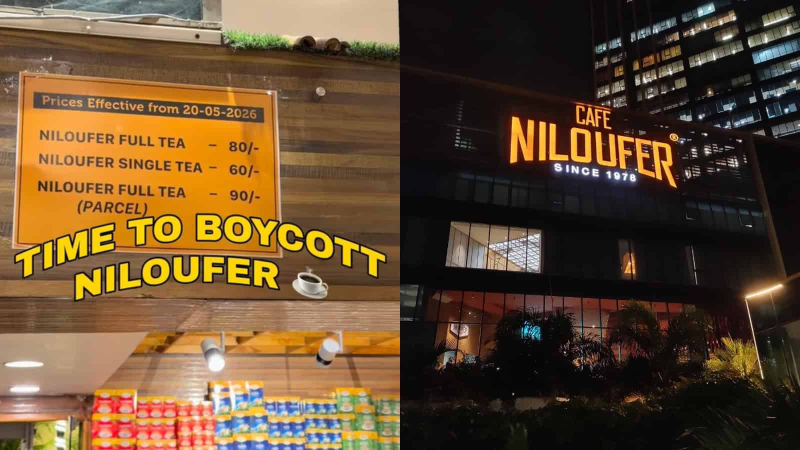 Enjoying evening at Niloufer Cafe, a popular spot since 1978, with a vibrant sign and menu board promotin.