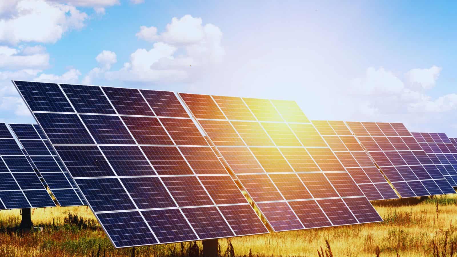 Solar panels installed in a field under a bright sky, promoting renewable energy for Telangana farmers.