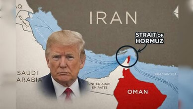 Map showing Iran, Oman, and the Strait of Hormuz with key locations highlighted.