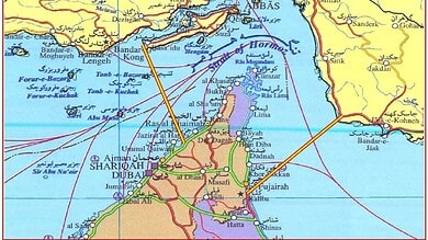 Map of the Strait of Hormuz showing vessel routes and military activity during US operation.