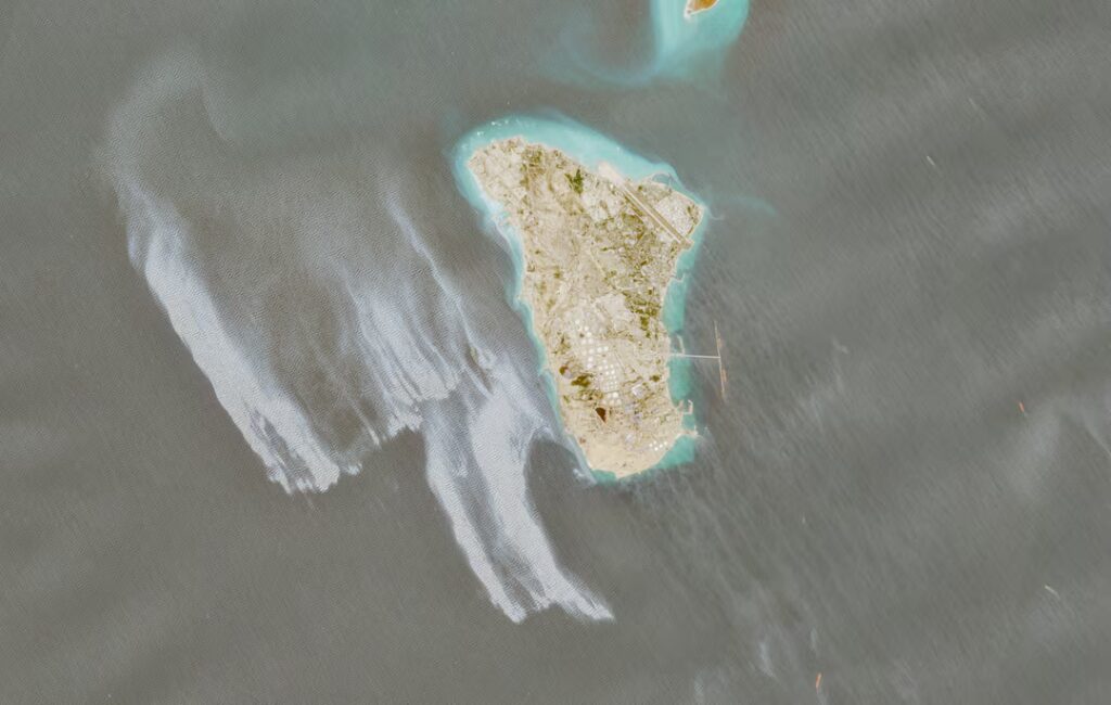 Satellite image showing a suspected oil spill spreading across waters near Iran’s Kharg Island in the Gulf on May 6, 2026.