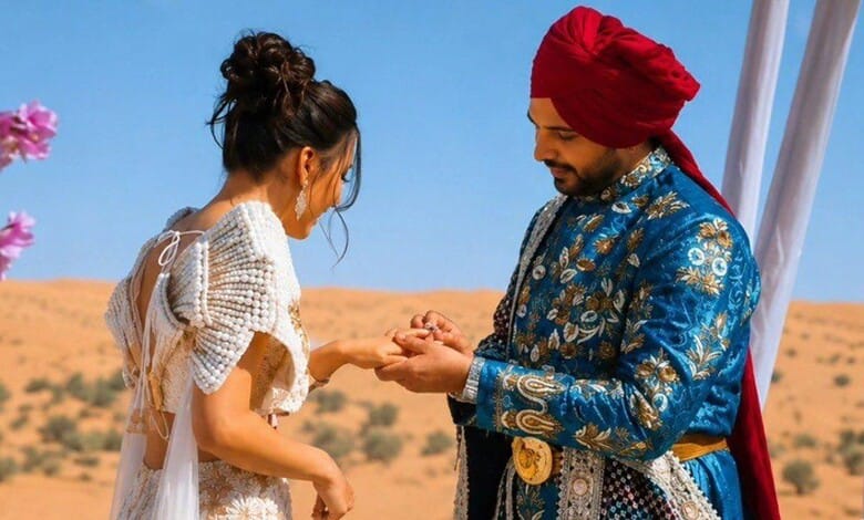 A young woman and a man in traditional Indian attire exchanging rings outdoors in a desert landscape.