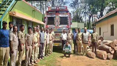 Truck convoy with personnel and logs in a rural setting, India.