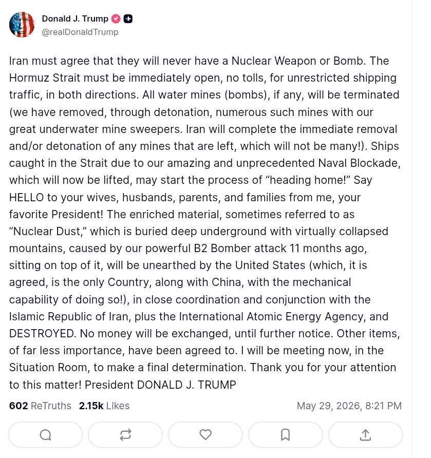 Screenshot of a social media post by Donald Trump outlining proposed conditions for an agreement with Iran, including reopening the Strait of Hormuz and abandoning nuclear weapons.