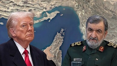 Donald Trump and military officer in front of a world map background discussing international relations.