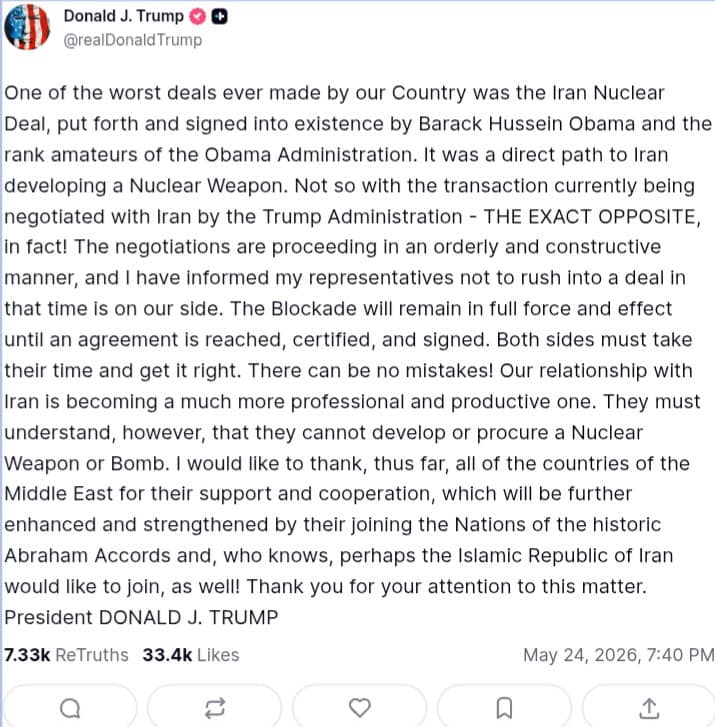 Screenshot of Donald Trump’s Truth Social post discussing ongoing US-Iran nuclear negotiations and sanctions blockade.
