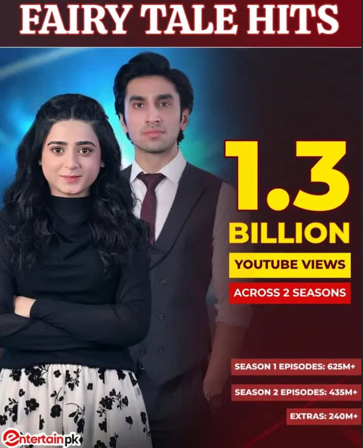 Two young actors in formal attire promoting Fairy Tale Hits with 1.3 billion YouTube views.