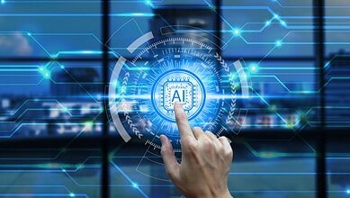 Person touching a digital AI interface with a futuristic background.