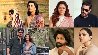 Collage of popular Indian movie characters and actors in traditional and modern attire.