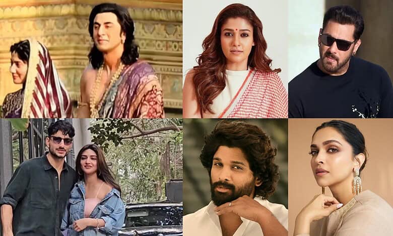 Collage of popular Indian movie characters and actors in traditional and modern attire.