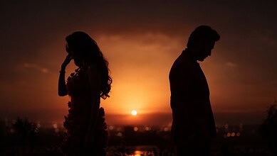 Silhouetted couple standing apart during sunset, reflecting emotional distance.