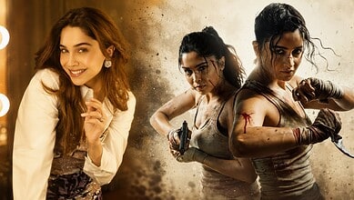 A young woman smiling confidently, alongside two fierce women in combat-ready poses with guns, set agains.