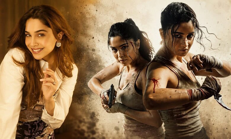 A young woman smiling confidently, alongside two fierce women in combat-ready poses with guns, set agains.