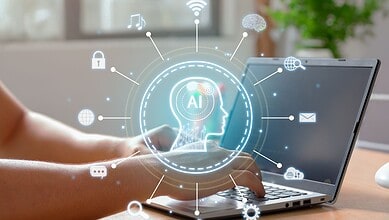 AI technology concept with a human hand interacting with a laptop displaying digital icons and a glowing.