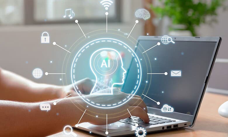 AI technology concept with a human hand interacting with a laptop displaying digital icons and a glowing.