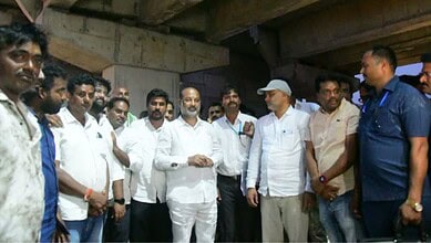 The image shows Union Minister of State for Home Affairs Bandi Sanjay inspecting the works for Karimnagar-Warangal National Highway expansion on Friday evening, June 19, 2026.