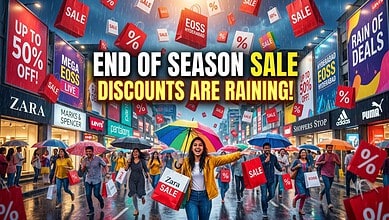 Shoppers enjoying end of season discounts with umbrellas and sale signs in a busy mall.