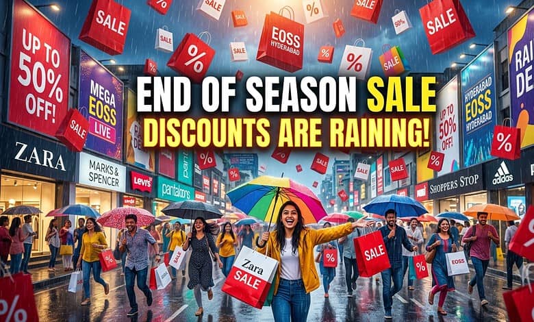 Shoppers enjoying end of season discounts with umbrellas and sale signs in a busy mall.