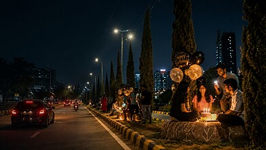 A woman lighting candles during a nighttime outdoor gathering with friends and tall trees in an urban par.