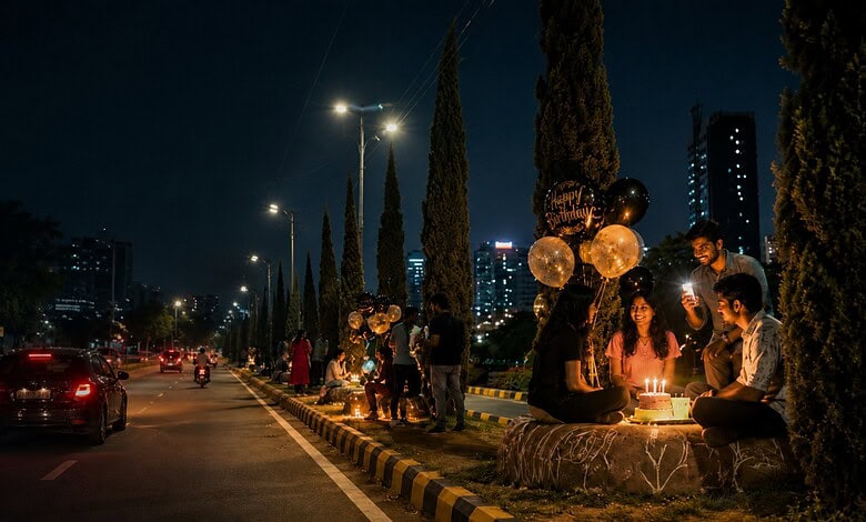 A woman lighting candles during a nighttime outdoor gathering with friends and tall trees in an urban par.