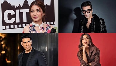 Four Bollywood celebrities at a promotional event, posing for photos and media coverage.