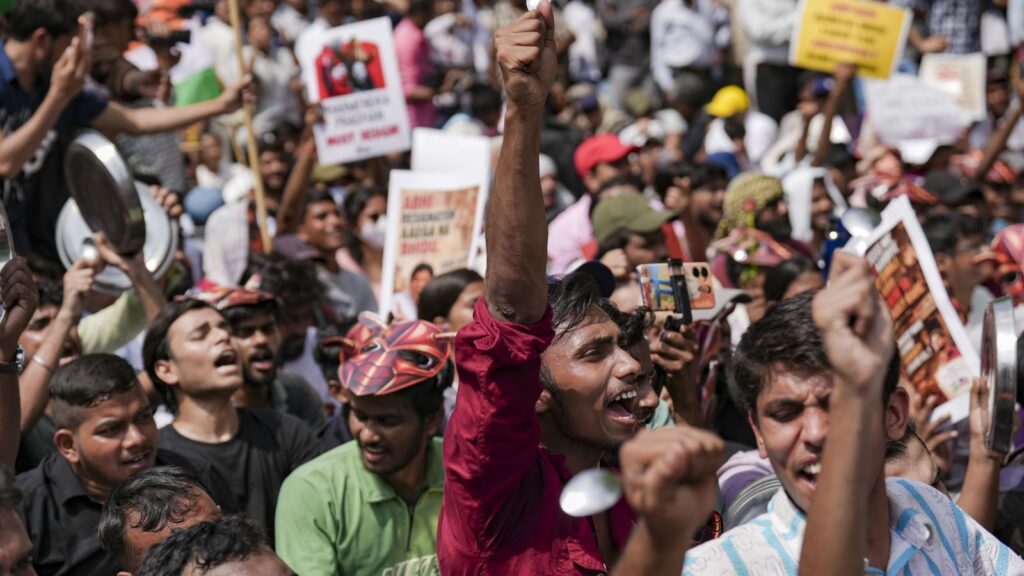 (CJP) supporters during a protest over alleged examination irregularities, repeated paper leaks and demands for accountability from the government, in New Delhi, Saturday, June 20, 2026. (PTI Photo/Karma Bhutia)