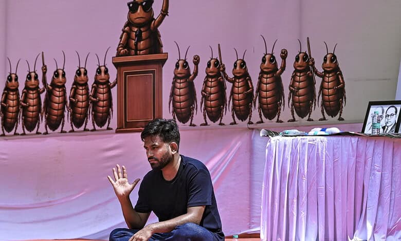 (CJP) founder Abhijeet Dipke on the second day of a protest over alleged examination irregularities, repeated paper leaks and demands for accountability from the government, in New Delhi, Sunday, June 21, 2026. (PTI Photo)