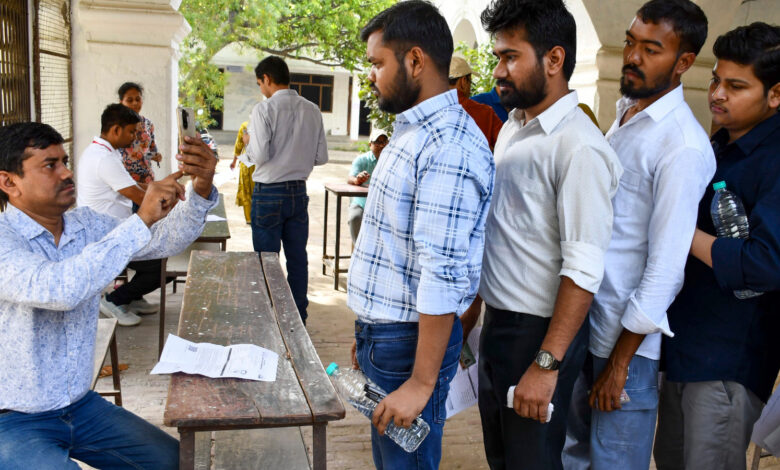 Candidates undergo security checks before appearing for the UPSC Civil Services (Preliminary) Examination 2026, in Prayagraj
