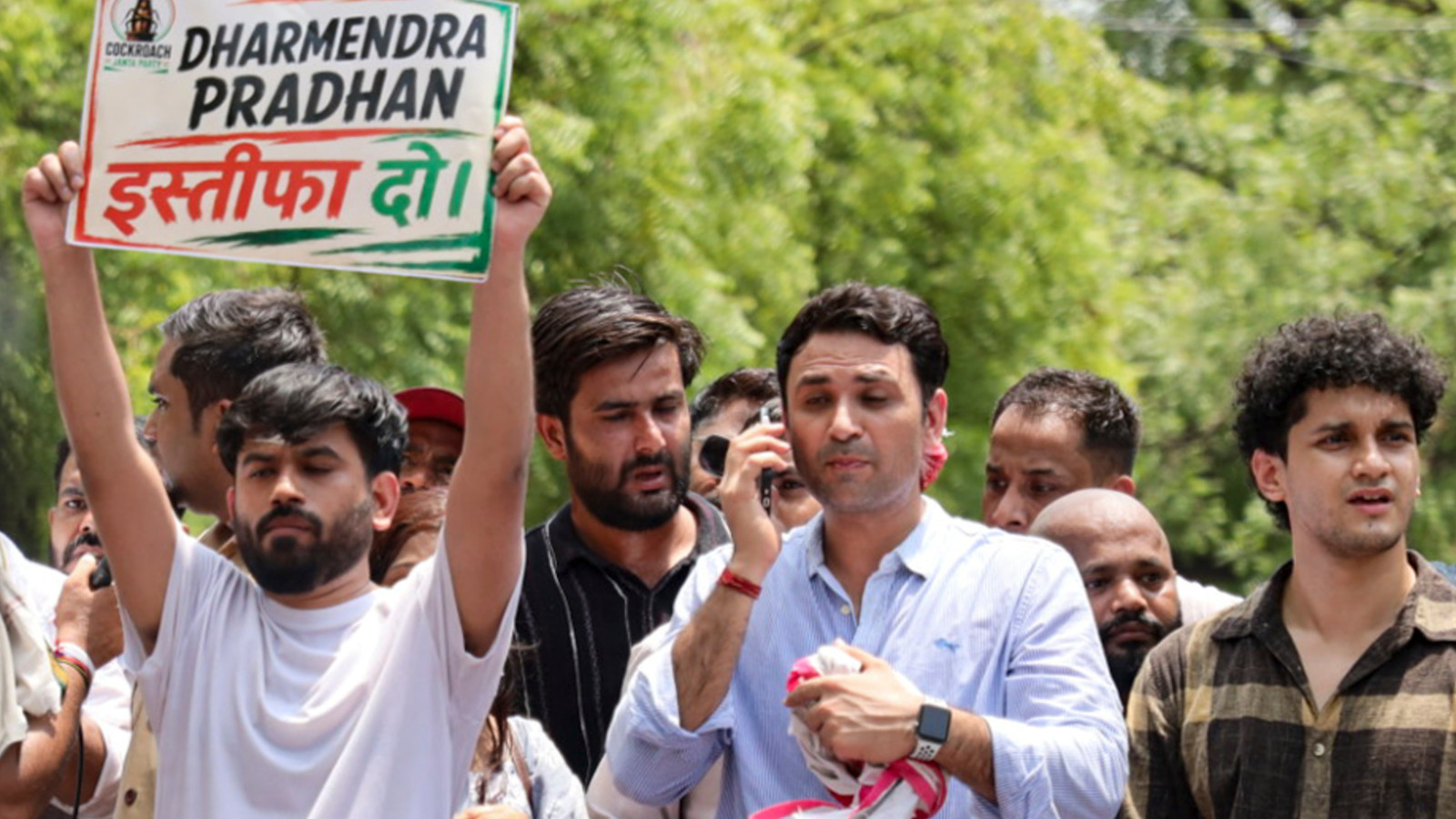 Cockroach Janta Party (CJP) founder Abhijeet Dipke, its spokespersons Saurav Das and others at the protest