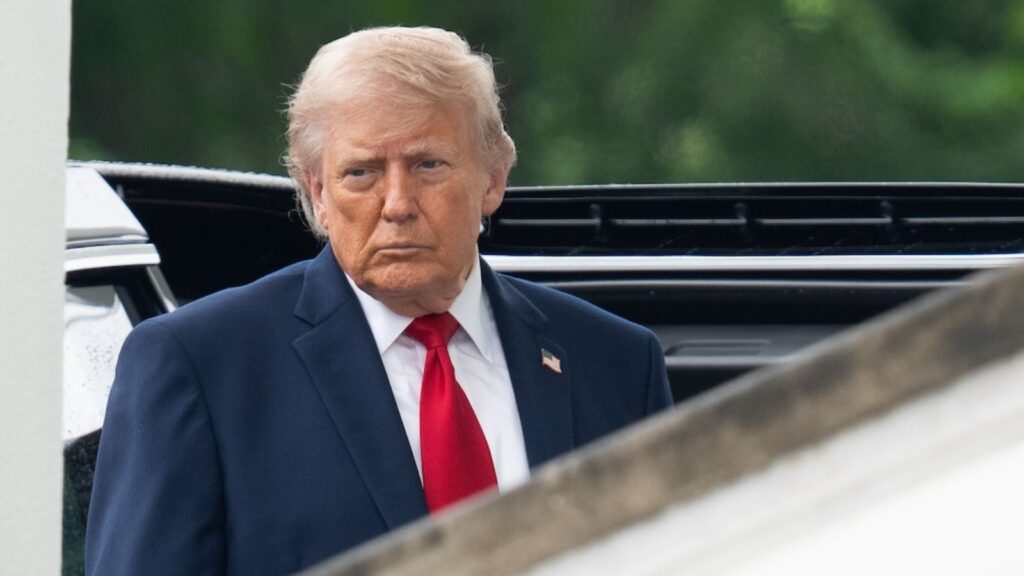 Donald Trump in a navy suit with a red tie, looking serious, outdoors with greenery in the background.