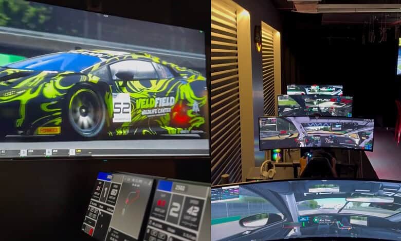 Vivid race car graphics showcased on multiple screens in a racing simulation room.