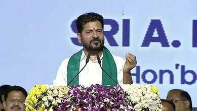The image shows Telangana CM A Revanth Reddy addressing a gathering after inaugurating the Future City Development Authority building in Bharat Future City on Wednesday, June 10, 2026.