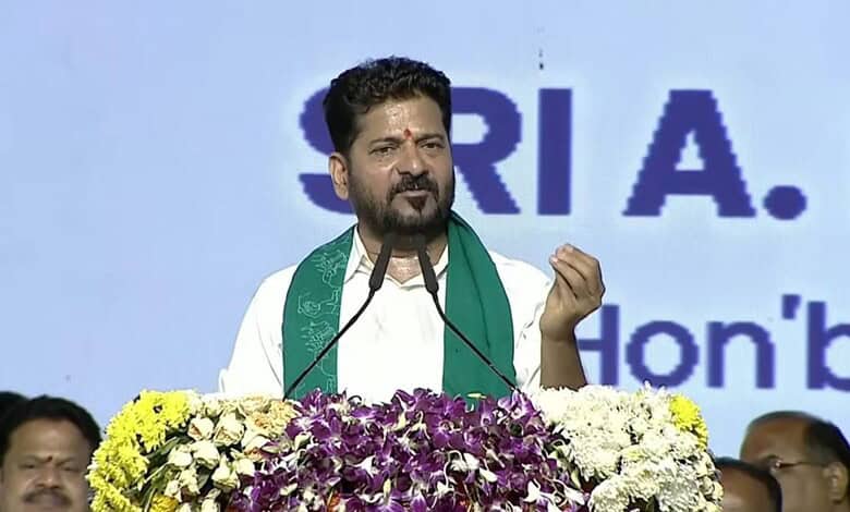 The image shows Telangana CM A Revanth Reddy addressing a gathering after inaugurating the Future City Development Authority building in Bharat Future City on Wednesday, June 10, 2026.
