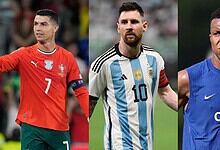 Cristiano Ronaldo, Lionel Messi, and Kylian Mbappé in football jerseys during a match.