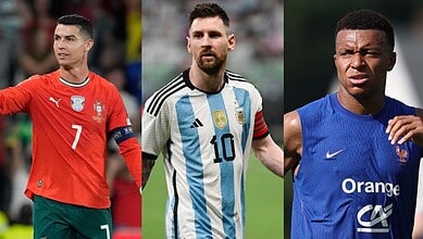 Cristiano Ronaldo, Lionel Messi, and Kylian Mbappé in football jerseys during a match.