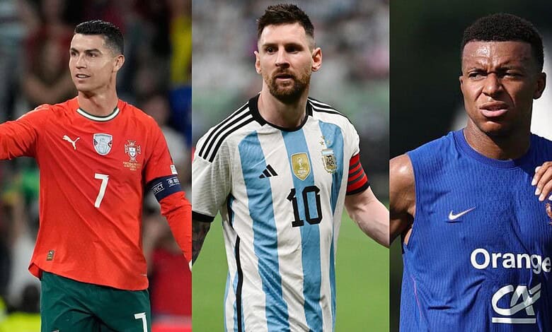 Cristiano Ronaldo, Lionel Messi, and Kylian Mbappé in football jerseys during a match.